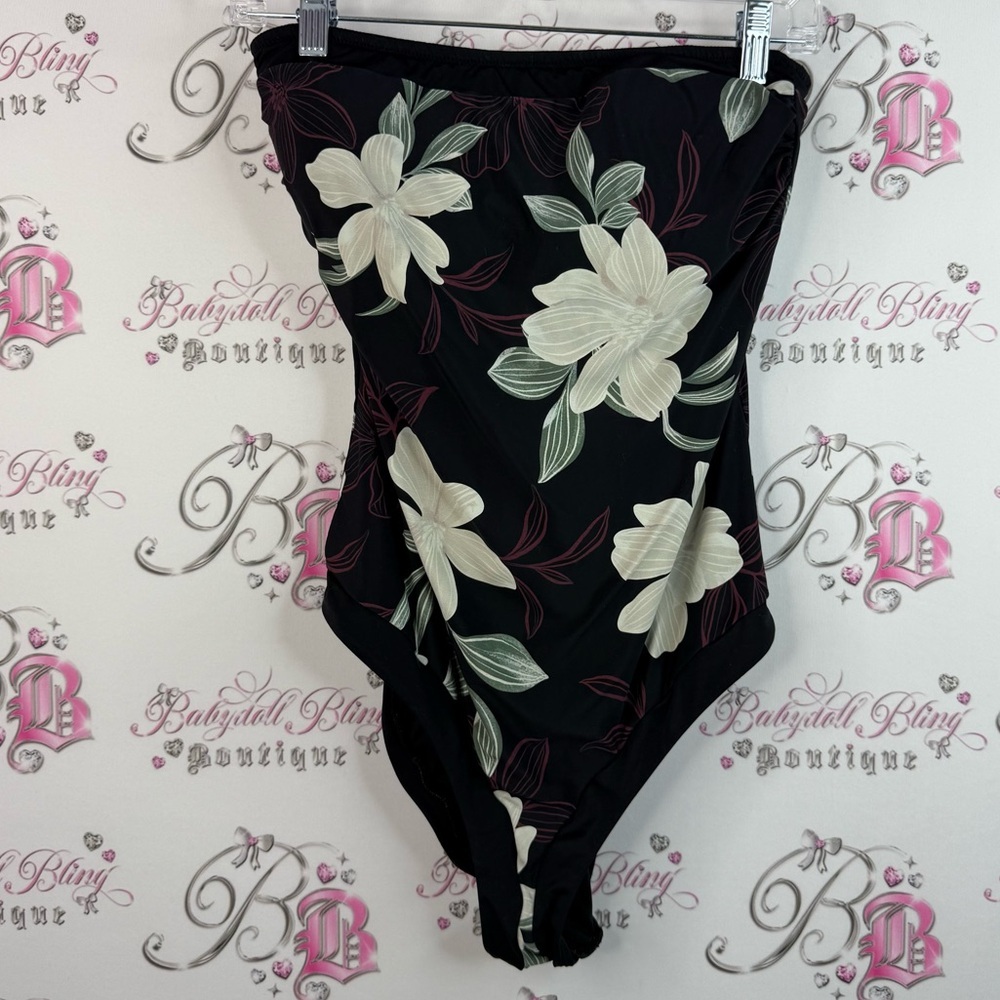 La Vie En Rose aqua bodysuit floral flowers Black Floral Strapless One-Piece